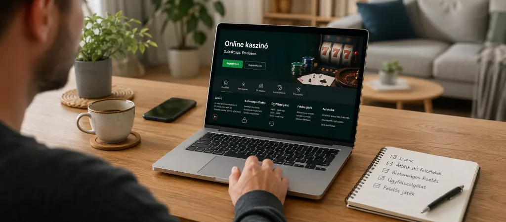 Játékos egy online kaszinó megbízhatósági jeleit nézi laptopon, például a licencet, a biztonságos fizetést, az ügyfélszolgálatot és a felelős játék feltételeit.
