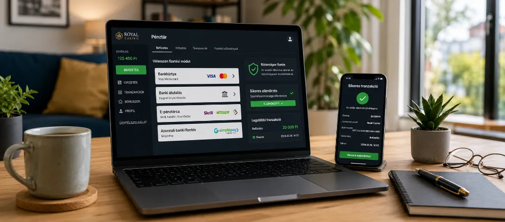 Biztonságos online kaszinó fizetési módok laptopon és mobilon, sikeres tranzakció visszaigazolással.