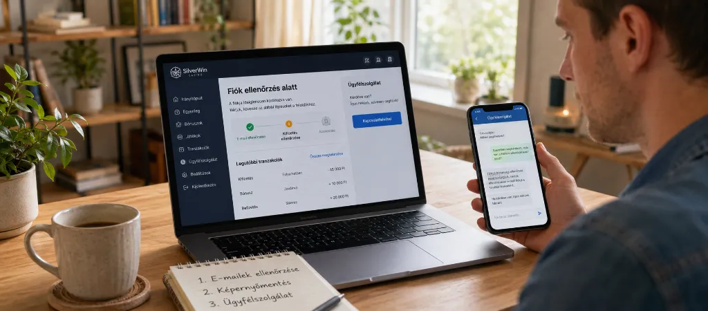 Online kaszinó fiók ellenőrzése laptopon, ügyfélszolgálati üzenettel és feloldási teendőkkel.