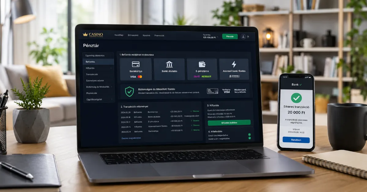 Online kaszinó pénztár biztonságos fizetési módokkal laptopon és mobilos tranzakció visszaigazolással.